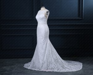 Full France Lace Scoop Neck Wedding Dress Open Back With Beading Curtains Backside