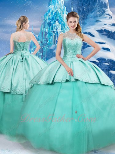 Mint Green Overlay Satin and Tulle Quinceanera Party Ball Gown With Detachable Cloak