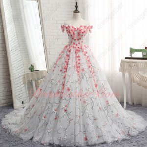 Fairy Forest Series White Tulle 3D Flowers Cathedral Train Ball Gown Plum Blossom Lace