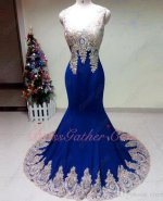 V Neck Mermaid Silhouette Gold Pineapple Shaped Applique Evening Gowns Royal Blue Sexy