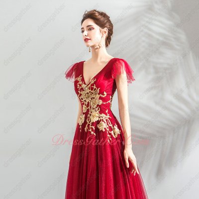 Latest V Neck Flouncing Cap Brush Train Evening Prom Gowns Red Tulle With Gold Applique