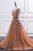 Junoesque V-Neck Appliques Deep Champagne Court Train Prom Dress Girl Prefer