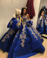 Strapless Box Pleated Skirt Royal Blue Glitter Sequin Quinceanera Dress Petticoat Inside