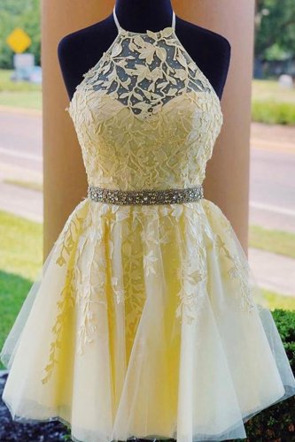 Halter Neck Lace Up Back Yellow Short Prom Dress With Leaves Pattern Lace
