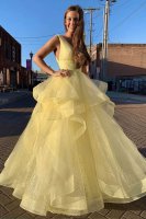 Horsehair Cascade Swirling Sequin Lining Daffodil Formal Prom Gown 2022