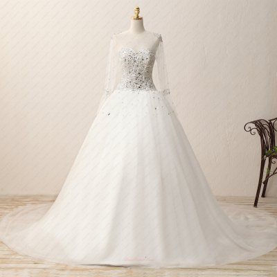 Sheer Scoop Sweetheart Neck Long Sleeves Diamond Bodice Cathedral Bridal 2019 Wear