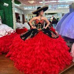 Rose Floral Mexican Charro Black and Red Ruffles Quinceanera Dress Medal Medallions