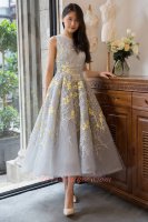 Customize Silver A-line Striated Lace Prom Dress With Luminous Yellow Shivering