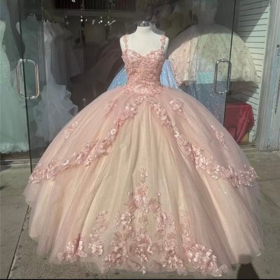 Cheap Spaghetti Straps Blush Pink 3D Flowers Quinceanera Dress Court Train