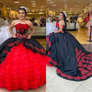 Strapless Charro Rose Flowers Ruffles Court Train Quinceanera Dress For Sweet 15 Party