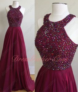 Scoop Full AB Colorful Crystals Magneta Wine Red Chiffon Evening Gowns Gorgeous