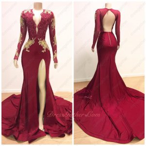 Sexy Deep V Neck Stretchy Fabric Left Slit Evening Gowns Wine Red With God Appliques