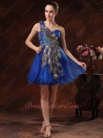 Dignified Dark Royal Peacock Tail Applique Single Shoulder Cocktail Dress AS Gift