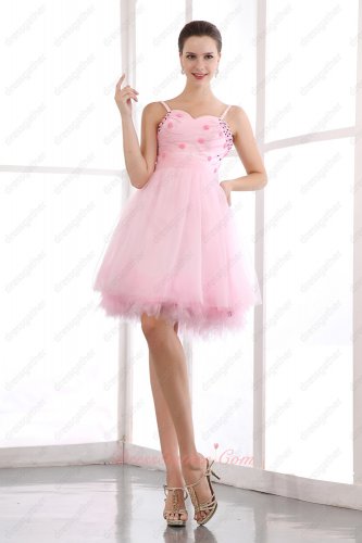 Adorable Spaghetti Straps Pink Short Sweet 16 Prom Evening Dress Soft Tulle