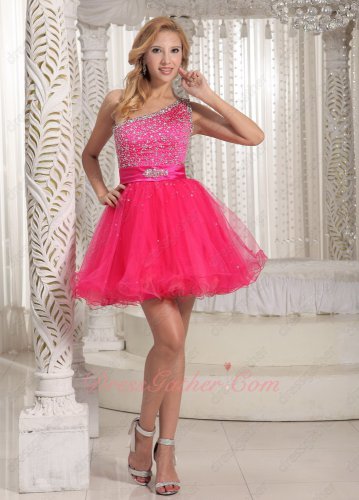 Nifty One Strap Upper Beaded Hot Pink Layers Tulle Mini Evening Club Short Prom Dress