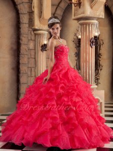 Deep Coral Thick Ruffles Skirt Sweet 16 Ceremony Quince Girls Ball Gown Under 180