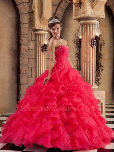 Deep Coral Thick Ruffles Skirt Sweet 16 Ceremony Quince Girls Ball Gown Under 180