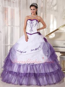 White and Pansy Grape Purple Designer Quinceanera Ball Gown With Embroidery