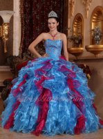 Carmine Fuchsia/Cornflower Sky Blue Mixed Dense Ruffles Exclusive Quinceanera Gown