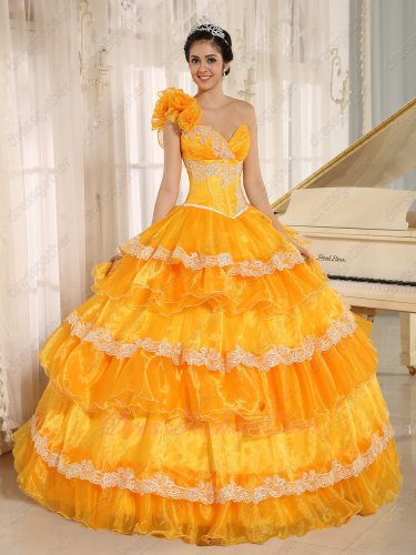 Bright Orange Like Cake Layers Quince Ball Gown For Military Grand Party/Event