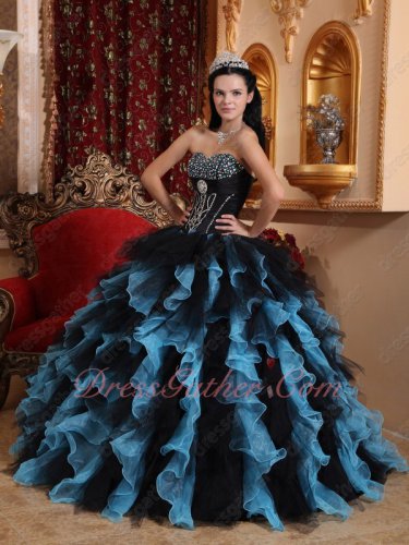 Amiable Aqua and Black Mixed Ruffles Skirt Quinceanera Gowns Organza and Tulle