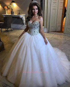 Glittering Crystals Bodice Multilayered Tulle White Wedding Bridal Gown Chapel Train