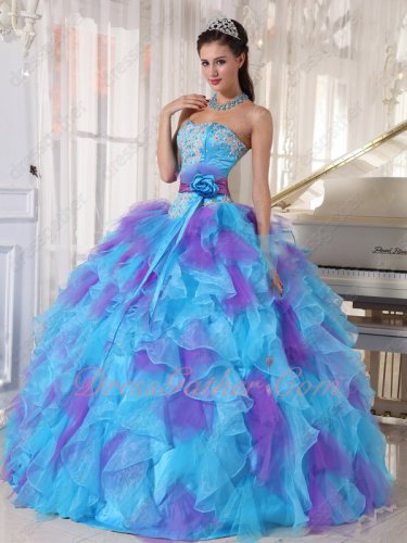 Aqua and Mauve Lilac Mixed Dense Ruffles Quinceanera Ball Gown Detachable Belt