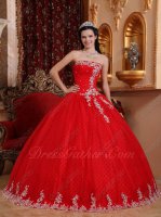 Strapless Red Tulle Quinceanera Ball Gown Wave Point Inside