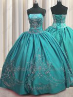 Western Style Turquoise Flat Satin Quinceanera Dress Silver Embroidery