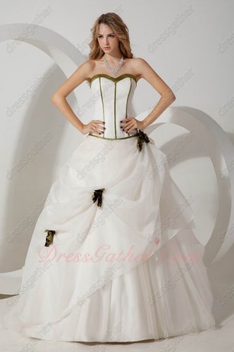 White Organza and Mesh Simple Quinceanera Dress With Olive Green Flowers