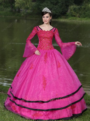 Detachable Trumpet Long Sleeves Fuchsia Quinceanera Ball Gown With Black Bordure