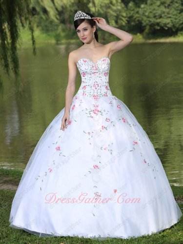 Pink Floral/Green Leaves Embroidery Pure White Quinceanera Sixteen Dress Brilliant