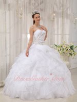 Quinceanera Ball Gown Very Puffy Pure White Organza Ruffles With Silver Curly Edge