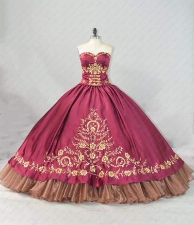 Golden Embroidery and Organza Wave Hemline Bugrundy Very Puffy Ball Gown Dress Western