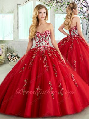 Red Flowers Green Branches Leaves Handmade Embroidery Quince Ball Gowns Exquisite