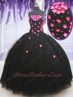 Lolita Style Quinceanera Ball Gown Black With Hot Pink 3D Flowers Small and Large