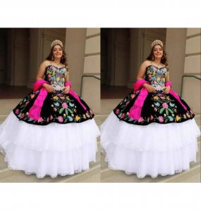 Embroidery Charro Quinceanera Dress Anos Vestido Layered Lace Puffy Skirt