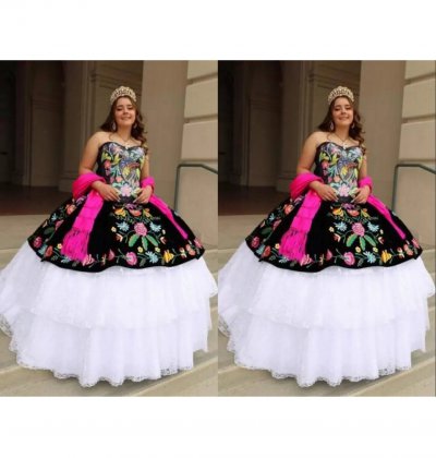 Embroidery Charro Quinceanera Dress Anos Vestido Layered Lace Puffy Skirt