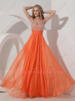 Dual Spaghetti Straps Orange Chiffon Crystals Bodice Pleat Belt Formal Full Prom Dress