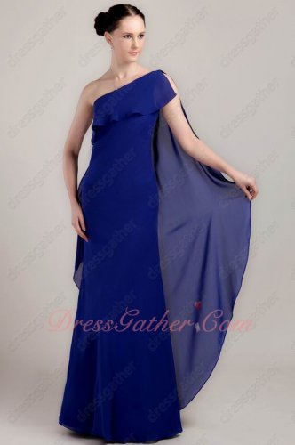 One Shoulder Falbala Neck Royal Blue Chiffon Formal Evening Dress Flowing Drap