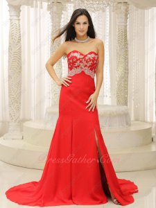 Shaped Body Slender Court Train Red Formal Ceremony Evening Dress With Applique Beading