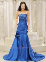 Strapless Dropped Waist Royal Blue Thick Satin Wedding Party Formal Dress Mermaid