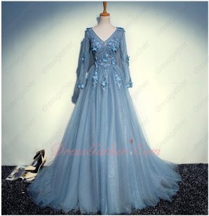 V Neck Long Sleeves Dark Haze Sky Blue Layers Soft Tulle Prom Evening Gowns Club