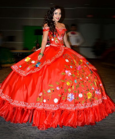 Emboidery Off Shoulder Charro Mexico Insignia Quinceanera Dress Red