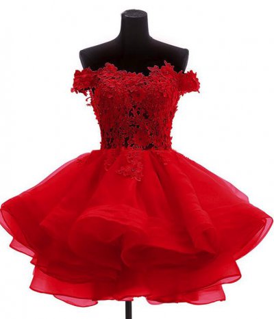 Sexy Transparent Lace Bodice Horsehair Ruffles Short Prom Dress Red