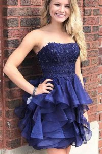 Strapless Beaded Applique Royal Blue Cocktail Dress Horsehair Ruffles Mini Skirt