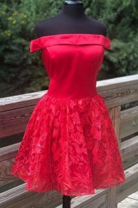 Off Shoulder Knee Length Satin and Floral Lace Cocktail Dress Beautiful