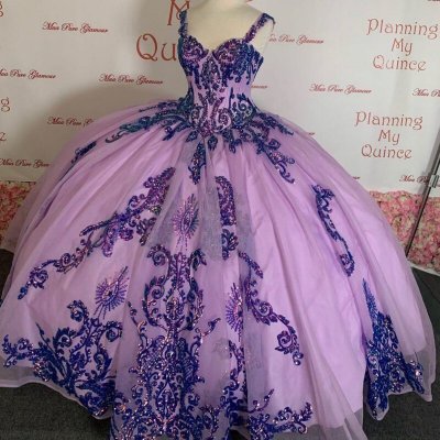 Double Straps Lilac Quinceanera Dress Shimmery Sequin Applique