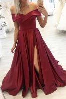 Wine Red Slit Evening Public Occasion Dress Off Shoulder Neck With Flouncing