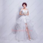 Wrapped Shoulder V neck High Low Horsehair Tulle White Beach Summer Wedding Dresses